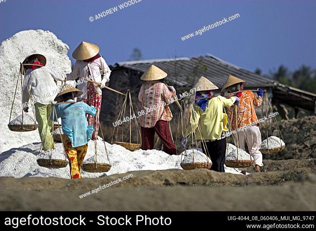 Women workers in conical hats dump salt from pannier baskets onto growing salt mound Vietnam