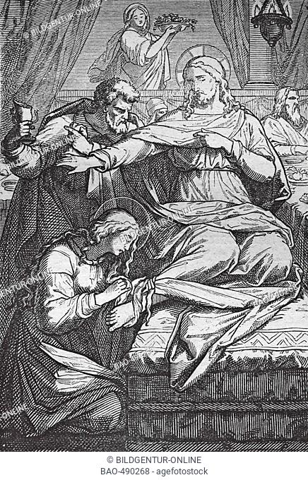 Judas with the purse, historic bible steel engraving from 1860