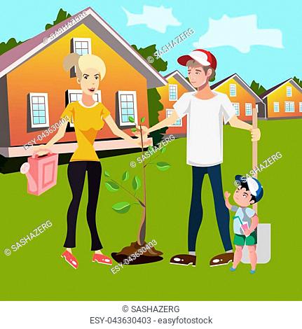 Happy family in garden planting flowers and pruning trees, hand drawn  cartoon illustration, Stock Vector, Vector And Low Budget Royalty Free  Image. Pic. ESY-036735593 | agefotostock