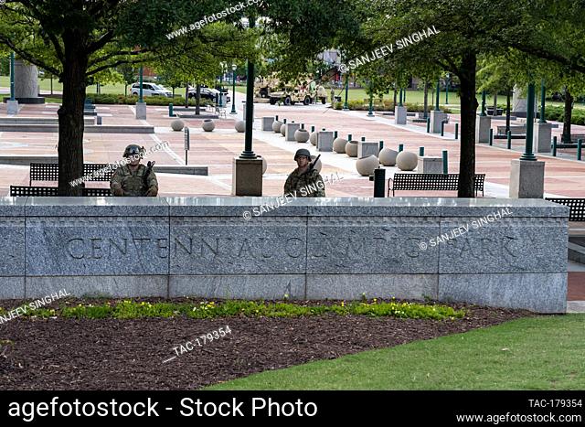 Atlanta, GA - May 31, 2020: Georgia National Guard protect Centennial Olympic Park during protests on May 31, 2020 in Atlanta, Georgia