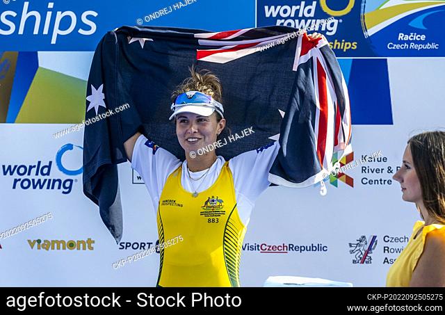 Tara Rigney of Australia celebrates as she placed the second in the Women's Single Sculls Final A during Day 8 of the 2022 World Rowing Championships at the...