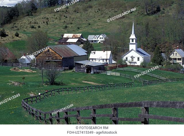 village, church, Vermont, East Corinth, VT, fence, field, scenic village, spring