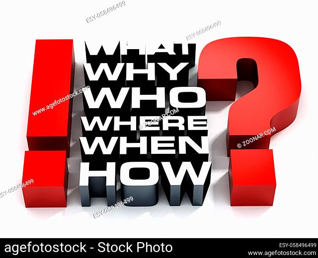 Question words, question and exclamation marks on white background