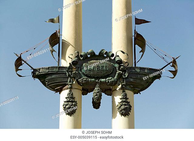 Columbus monument - Monumento a Coln, shows a detail of Columbus ship the Santa Maria with the name Isabel for the Queen Isabella, Sevilla, Spain