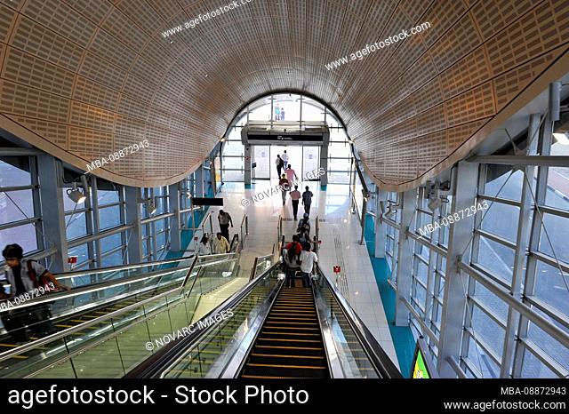 Entrance of METRO STATION of the RTA, modern architecture, Sheikh Zayed Road, Dubai Financial District, United Arab Emirates, Middle East
