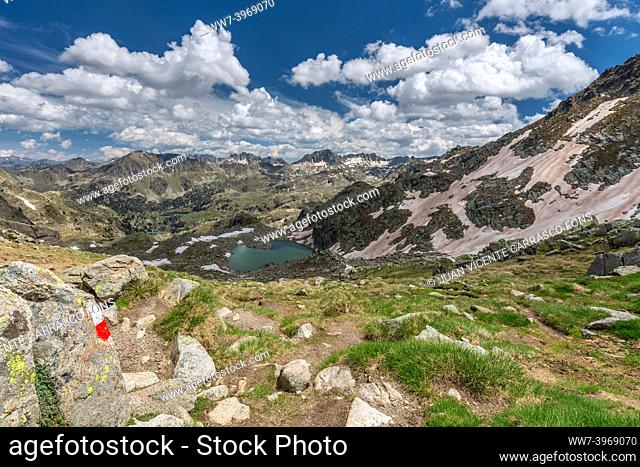 Colomers valley view from Port de Caldes, Aiguestortes national park, Pyrenees, Spain