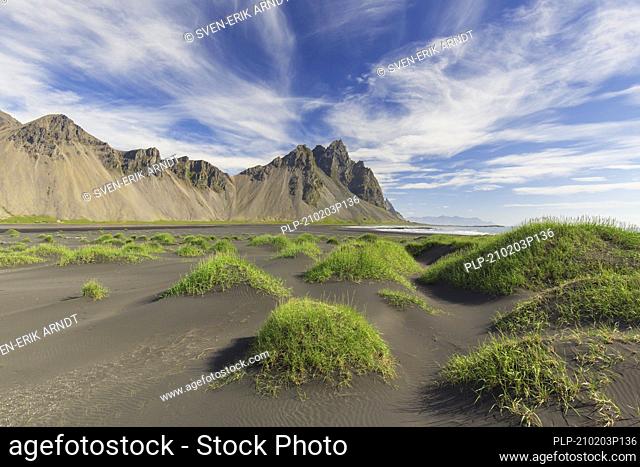Vestrahorn / Vesturhorn, scree mountain made of gabbro and granophyre rocks, part of the Klifatindur mountain range at Stokksnes, Iceland