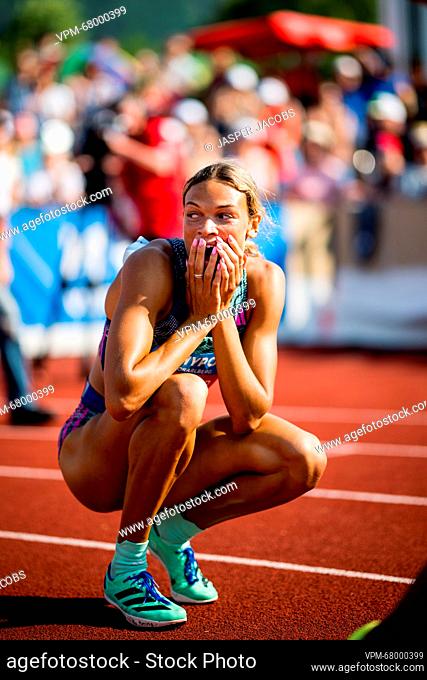 US Anna Hall reacts suprised after the 200m event, at the women's heptathlon event on the first day of the Hypo-Meeting, IAAF World Combined Events Challenge