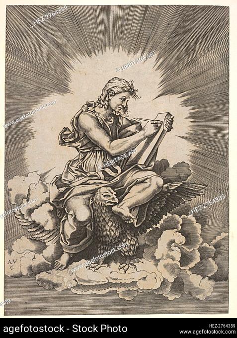 St. John, seated and holding a writing instrument to a tablet, an eagle with outstre.., after 1518. Creator: Unknown