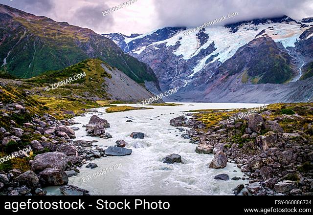 View from Hooker Valley Track on Glacier in Aoraki, New Zealand: Aoraki, also known as Mt. Cook, boasts some of the most incredible Alpine landscape in New...