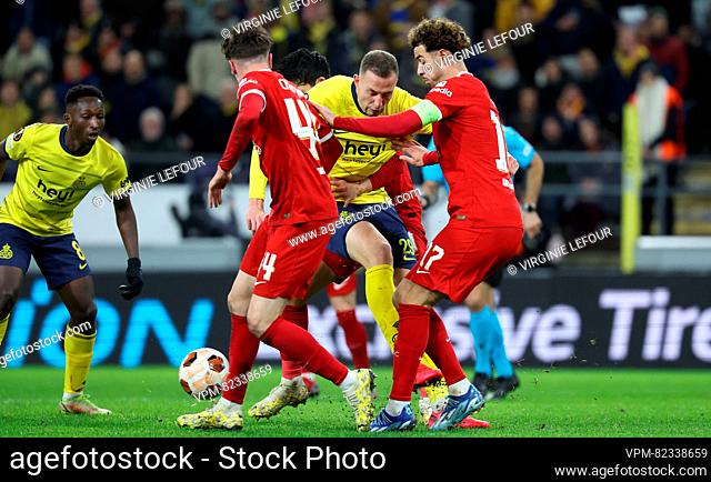 Union's Gustaf Nilsson and Liverpool's Curtis Jones fight for the ball during a game between Belgian soccer team Royale Union Saint Gilloise and English club...