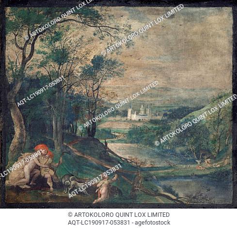 Venus and Adonis in wooded landscape in front of the castle Beersel, 2nd half of the 16th century, tempera unvarnished on unprimed canvas (handkerchief...