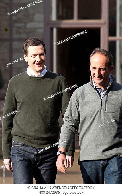 (L to R) Chris Davies. Conservative candidate for Brecknock & Radnorshire. Rt Hon George Osborne, Mark Eckley - farmer. A Conservative party election campaign...