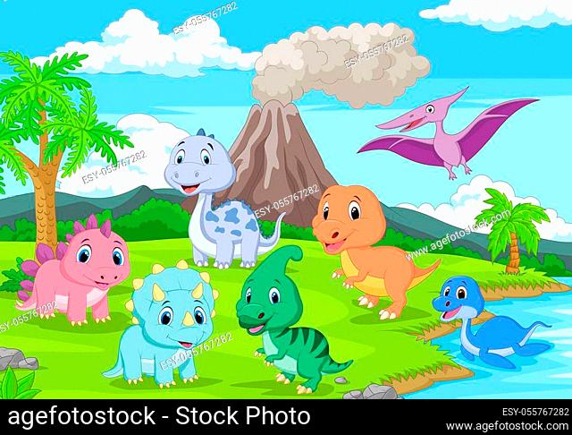 Vector illustration of Cartoon baby dinosaurs in the jungle