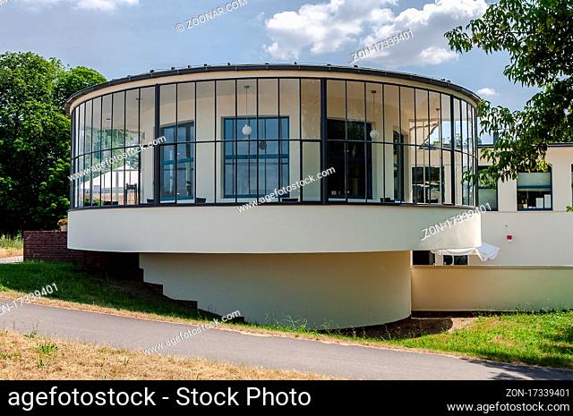 Germany, Dessau: Kornhaus at Elbe River is a popular restaurant for day trippers. The white Bauhaus building was created by Carl Flieger in 1929