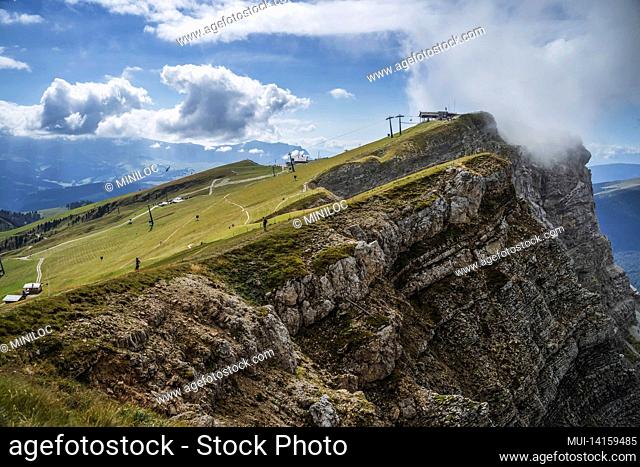 hiking path and epic landscape of seceda peak in dolomites alps, odle mountain range, south tyrol, italy, europe