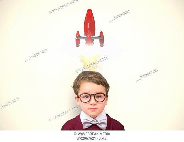 Digital composite image of boy having rocket launch overhead