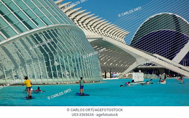 Tourists sailing in a small lake in the City of Arts and Sciences Complex. Spanish city of Valencia, Europe