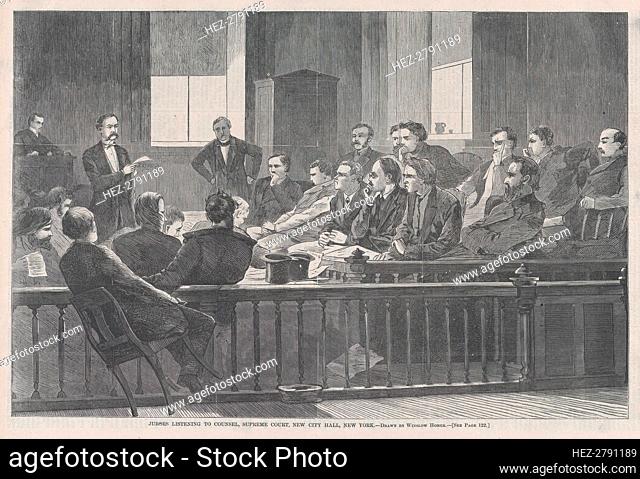 Jurors Listening to Counsel, Supreme Court, New York City Hall, New York (Har.., February 20, 1869. Creator: Unknown