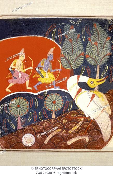 Rama and Lakshmana coming to rescue the crane. Malwa early 18th. Century A.D. Ramayana Scene painting, India