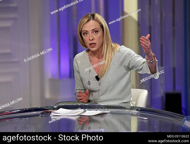 Italian politician Giorgia Meloni guest of the television broadcast Porta a Porta. Rome (Italy), April 7th, 2022