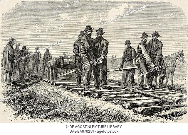Laying the tracks of the Pacific railroad, United States of America, engraving by Cosson Smeeton from L'Illustration, Journal Universel, No 1305, February 29