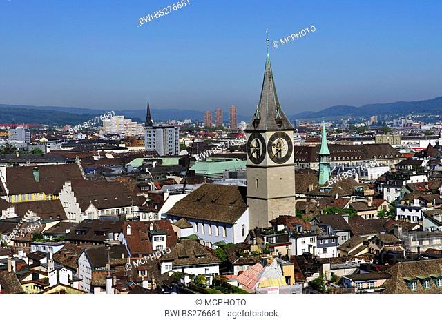 view of old city with St. Peter from tower Grossmunster, Switzerland, Zurich