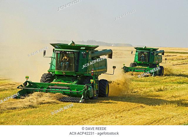Women operating combine harvesters during the spring wheat harvest near Somerset, Manitoba, Canada