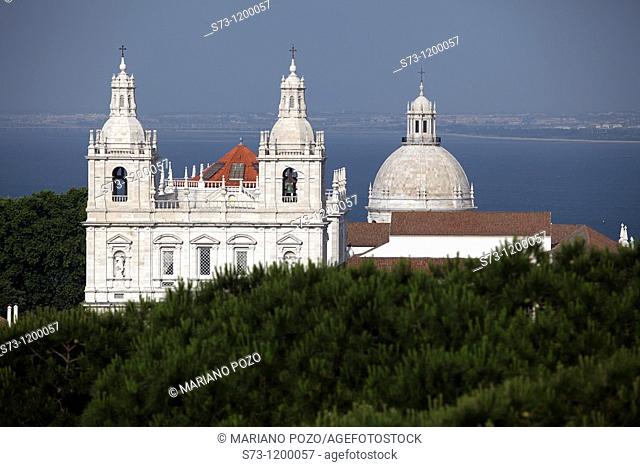 Church of São Vicente de Fora monastery, National Pantheon of Santa Engracia dome and Tajo river in background as seen from st. George's Castle