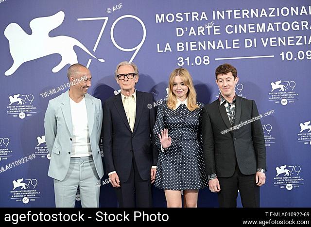 Oliver Hermanus Bill Nighy, Aimee Lou Wood, Alex Sharp attends the photocall for ""Living"" at the 79th Venice International Film Festival on September 01