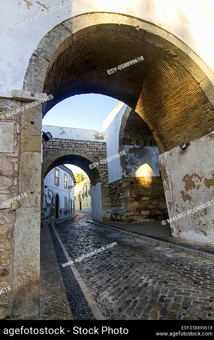 View of the historical streets on the old town of Faro, Portugal