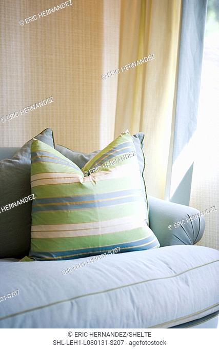 Blue sofa with throw pillow