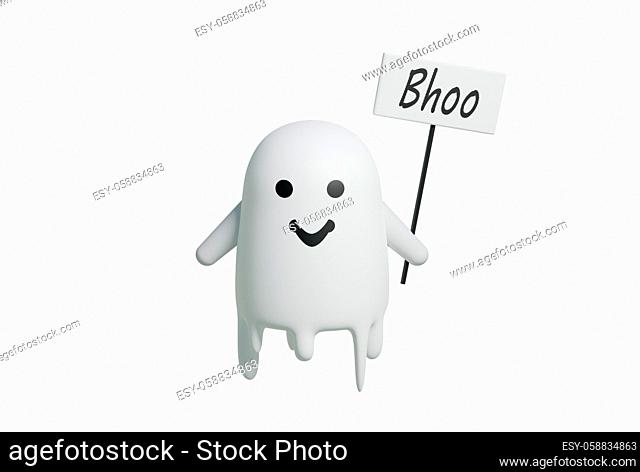 Funny friendly ghost flying on isolated white background, 3d render of halloween cute character. High quality 3d illustration