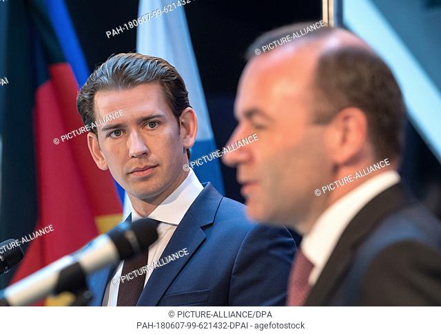 7 June 2018, Munich, Germany: Sebastian Kurz (Austrian People's Party, L), chancellor of Austria and Manfred Weber of the German Christian Social Union