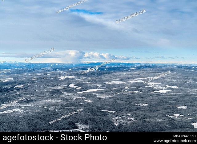 Scandinavia, snowy winter landscape from above