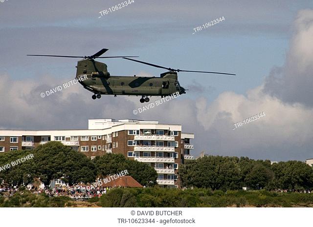 Chinook making a low pass along the beach during the Bournemouth Air Festival