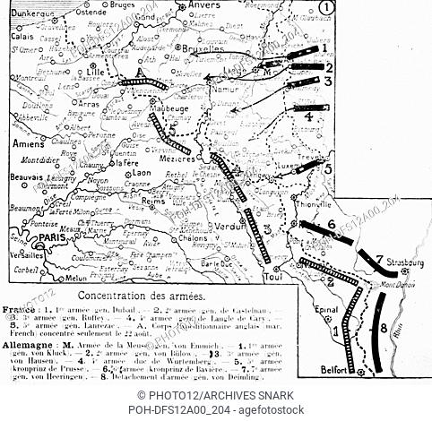 First World War. Map of the concentration of armies :  French side : Dubail General armies, under Castelnau, Ruffey, under Langle de Cary, Lanzerac