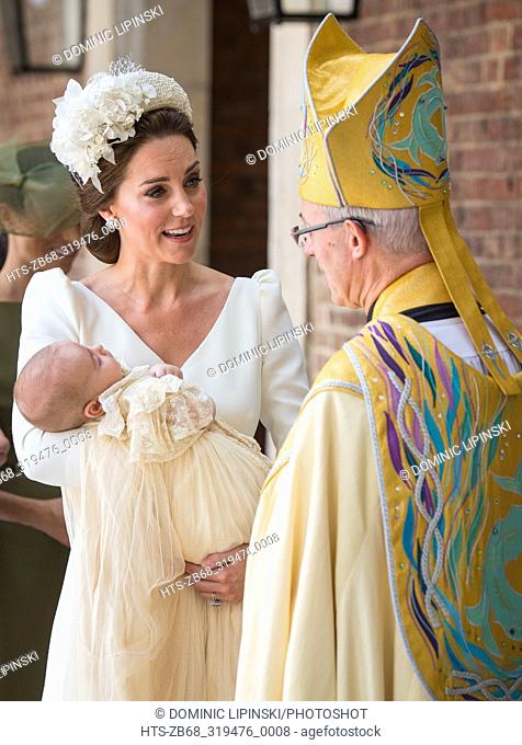 The Duchess of Cambridge speaks to Archbishop of Canterbury Justin Welby as she arrives carrying Prince Louis for his christening service at the Chapel Royal