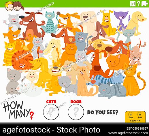 Illustration of educational counting game for children with cartoon cats and dogs characters group