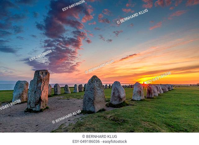 Ales Stenar - An ancient megalithic stone ship monument in Southern Sweden photographed at sunset