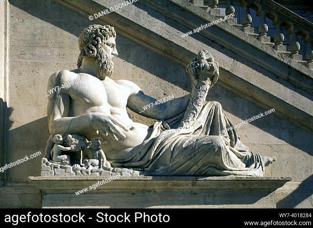campidoglio and tiber river statue, rome, italy