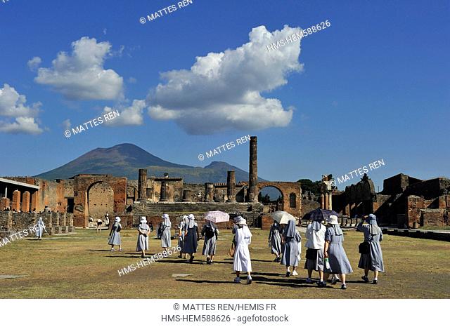 Italy, Campania, Pompei, archeological site listed as World Heritage by UNESCO, the Forum, the temple of Jupiter with Vesuvius in the background
