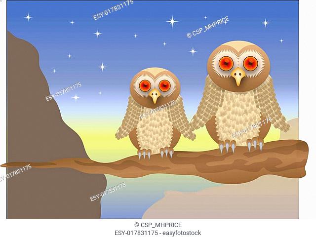 An owl vector illustration with a brown owl with red eyes sitting on a branch at sunset, saved in EPS 10 format