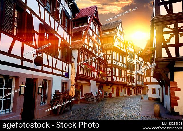Street with historical half-timbered houses in Petite France district in Strasbourg, France