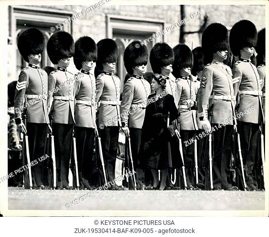 Apr. 14, 1953 - Queen presents her colour to Grenadiers: At Windsor Castle today HM the Queen presented the Queen's Company colour the Royal Standard of the...