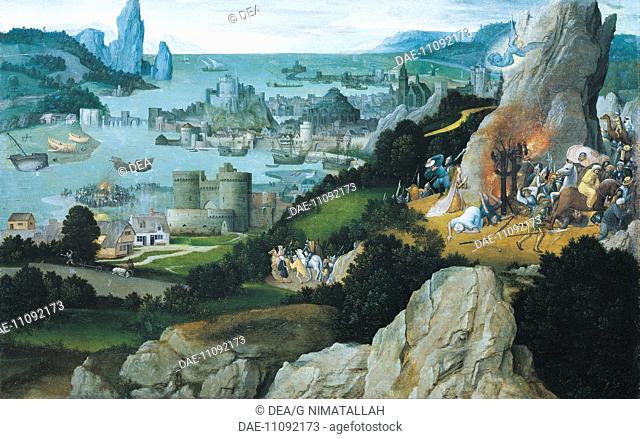 Santa Caterina and the Miracle of the Wheel, before 1515, by Joachim Patinier (ca 1480-1524), table, 27x44 cm.  Vienna, Kunsthistorisches Museum (Museum Of Fine...