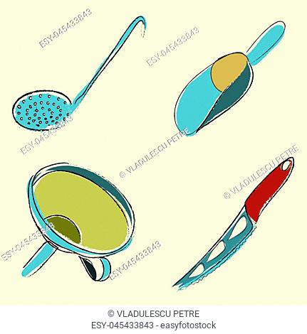 kitchen utensils (slotted spoon, scoop, funnel, cheese knife)