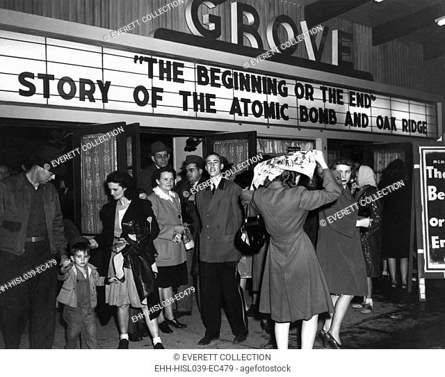 Movie theater marque announcing a movie, 'The Beginning or the End. Story of the Atomic Bomb and Oak Ridge'. After the bombing of Hiroshima and Nagasaki