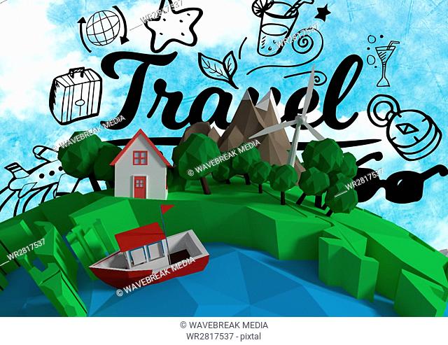 3D animation earth with sky background and graphic about travel