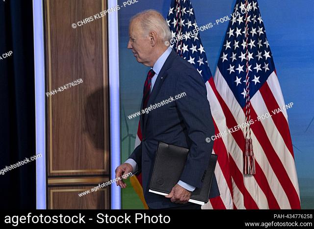 United States President Joe Biden departs after making remarks on his Administration’s actions to address the climate crisis in the South Court Auditorium in...